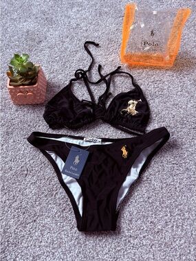 Ralph Lauren Black Bandeau Bikini Set with Gold Pony 2 piece